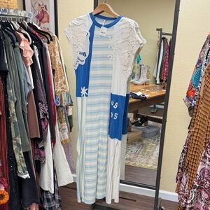 Free People Blue and Ivory Striped Rib-Trim dress